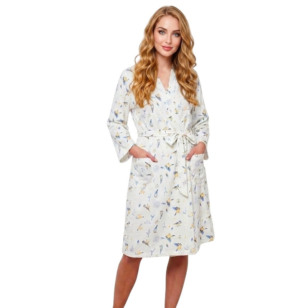 Miracle Baby White Kimomo Robe XXL-XX L Bird Floral Print Wrap Nursing Maternity